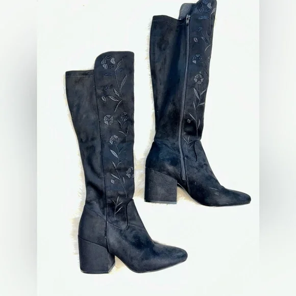 CAFE NOIR Embroidered Knee High Women’s Black Suede Boots, Italian Made EU37 US7 - Picture 2 of 8